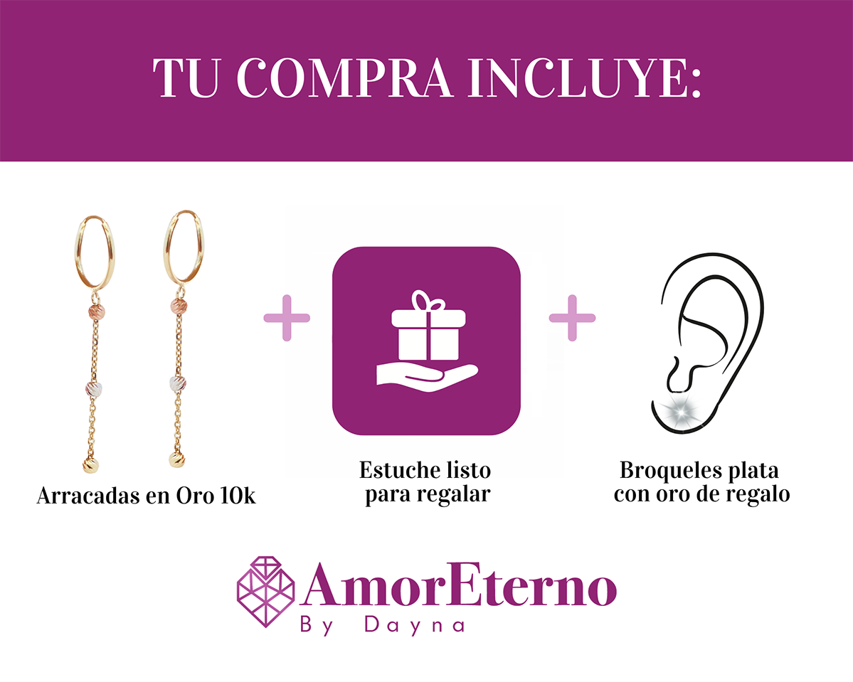 Amor Eterno - Arracadas Colgantes 3 Oros / Aretes 10k